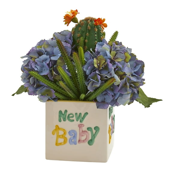 13in. Hydrangea and Cactus Artificial Arrangement in "New Baby" Vase