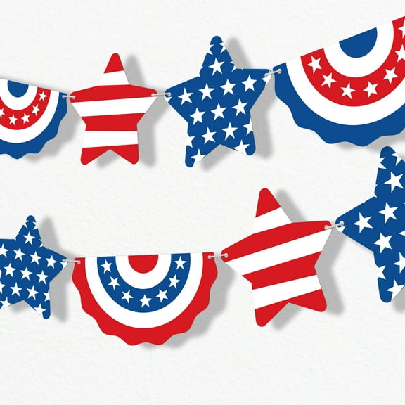 Big Dot of Happiness Stars & Stripes Patriotic Garland Banner, 4th of July Party Decor Backdrop, Holiday Banner, 30 Feet of Cord, 15 Shaped Pieces