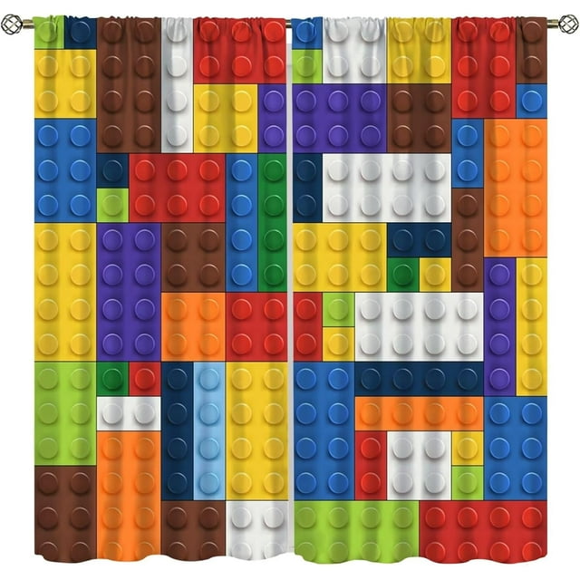 ICMOLYYENLO Rideau pour Garçon, Blocs de Rideaux, Jouet, Contour Abstrait, Rideau Coloré à Imprimé Géométrique de Briques pour Garçons et Filles, Rideaux de Chambre de Bébé 52x84 Pouces 2 Panneaux (Rideaux de Décoration