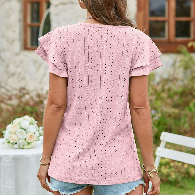RYRJJ Womens Tops Summer Double Ruffle Short Sleeve Eyelet Lace Crochet Cut  Out V Neck T Shirts Loose Fit(Pink,M) 