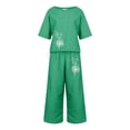 thumbnail image 4 of Ensembles en Lin 2025 pour Femmes Pantalons Taille Haute 2 Pcs Tenue Chic en Coton pour Dames pour Femmes Blouse Imprimée à Manches Courtes Tenue pour Fête Femmes Pantalon Court Ample Tailleur Deux Pièces Pantalon, 4 of 5