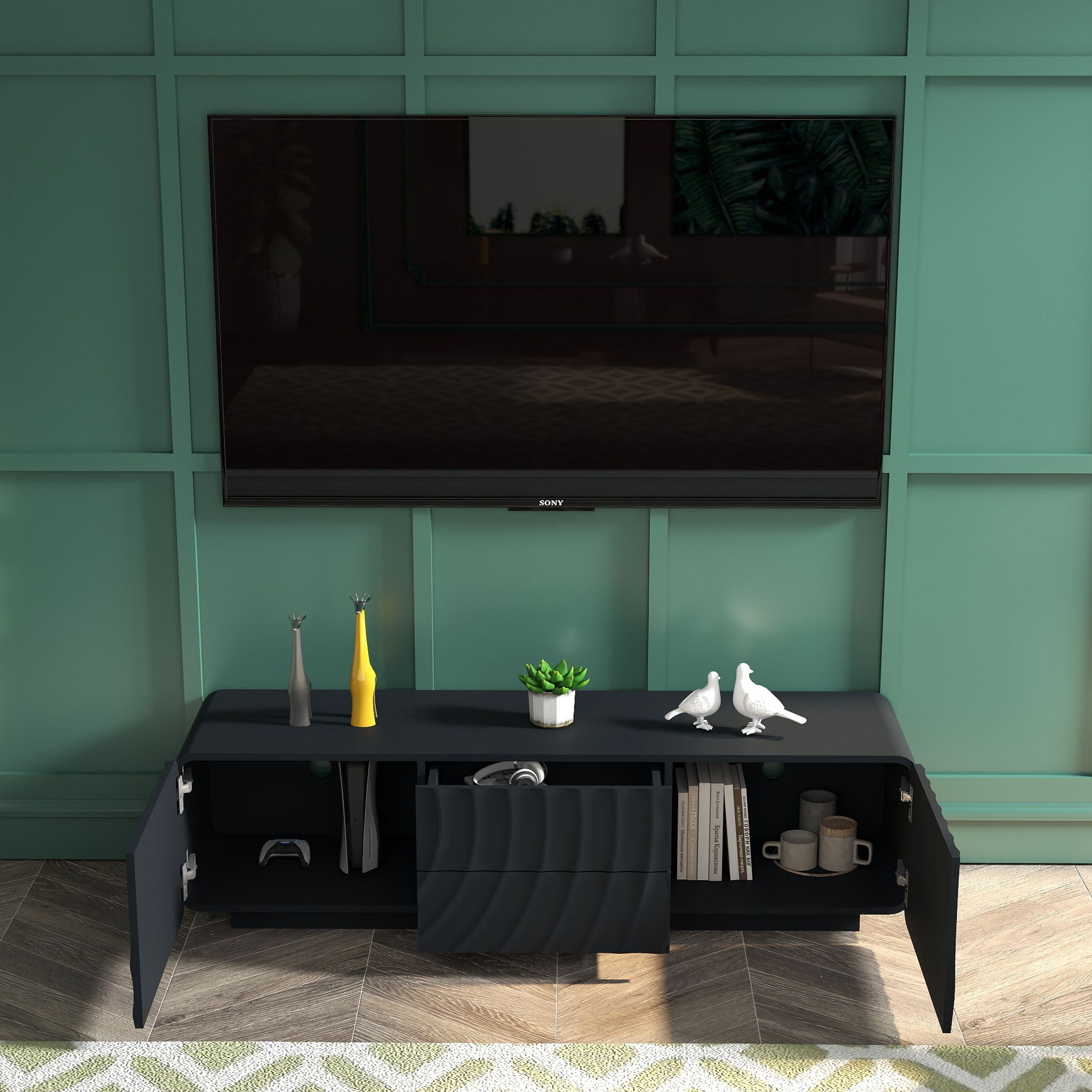 Noble House Mavor 58" Modern TV Stand Console with Storage Drawers, Spiral Wave Pattern Cabinet for Living Room, Black