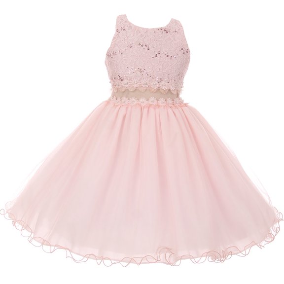 Little Girl Lace Sequin Top Sheer Waistline Princess Flower Girl Dress Blush 4 CB 1707