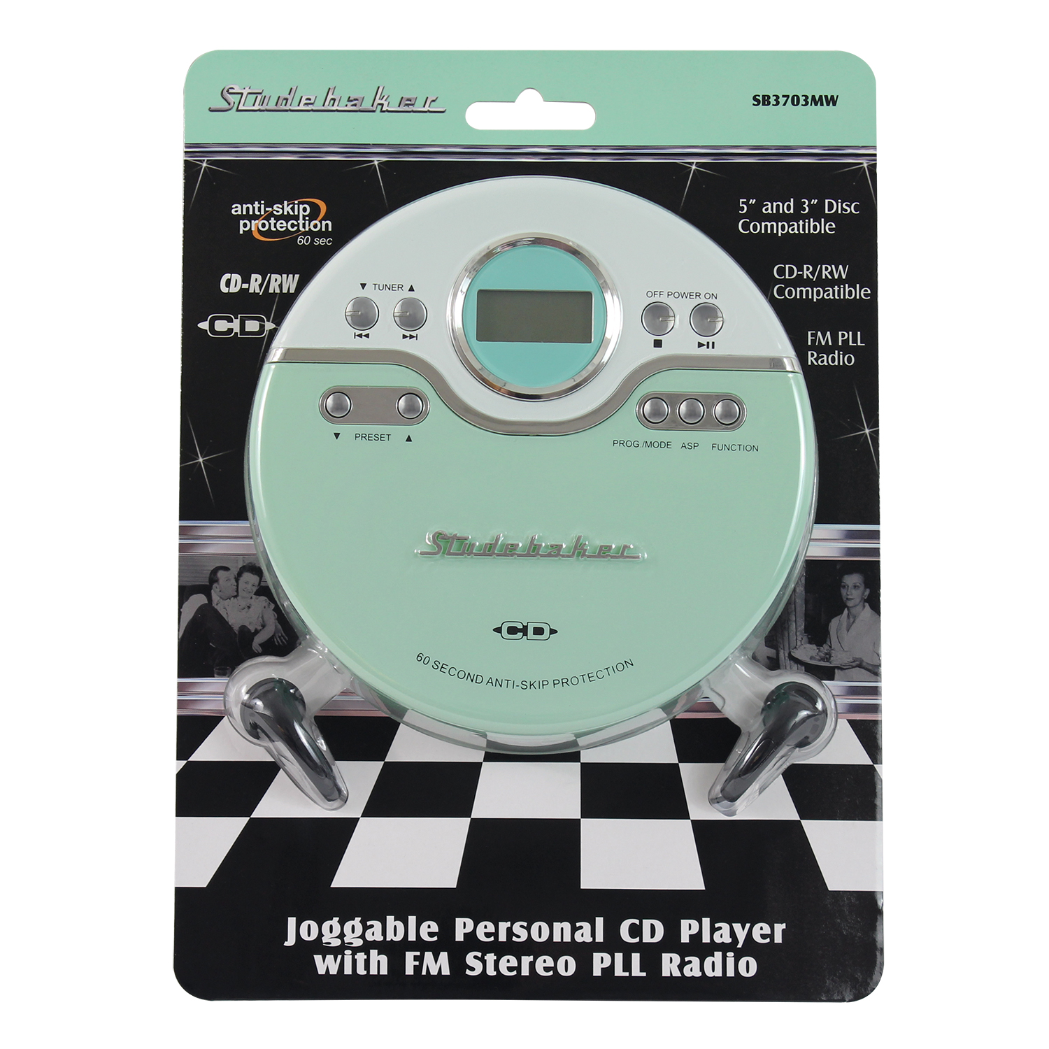 Studebaker Sb3703mw Personal Jogging CD Player with FM Pll Radio (Mint Green/white) - image 3 of 5