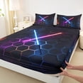 thumbnail image 3 of jejeloiu Cartoon Gradient Light Twin Sheet Sets,Geometric Honeycomb Hexagon Twin Fitted Sheet,Gradient Purple Blue Flat Sheet For Teens,Breathable Home Decor,3-Piece, 3 of 7