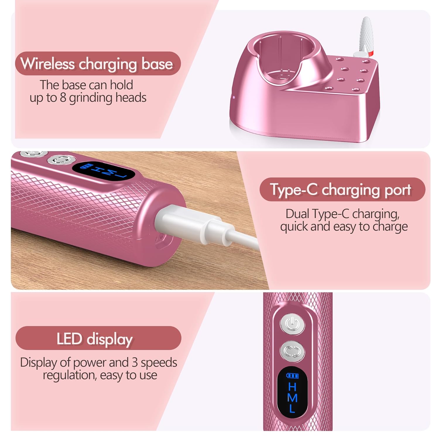 Aorsher Cordless Electric Nail Drill Professional E-File Nail Drill Kit for Acrylic, Gel Nails, Manicure Pedicure Polishing Shape Tools Design for Home Salon Use Gray