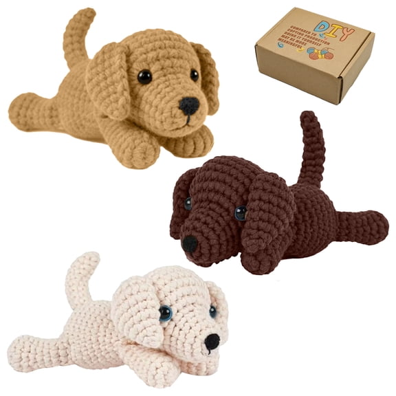 GIRACOA Crochet Kit for Beginners, 3-Color Dog Amigurumi Set with Video Tutorial, Complete DIY Craft Kit with Soft Yarn, Hook, Safety Eyes & Stuffing, Gift-Ready Box (Make 3 Adorable Puppies)