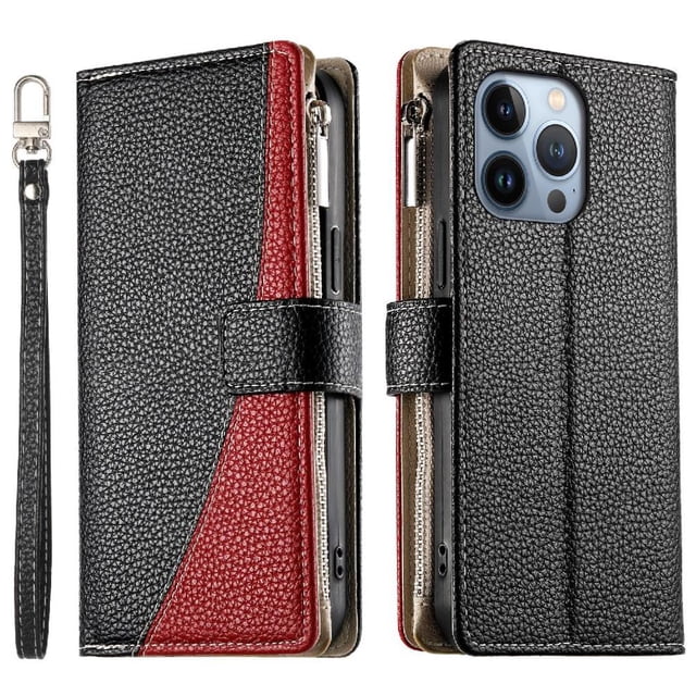 Funda cartera GANGXUN para iPhone 13 Pro , cuero PU con tarjetero, cremallera, correa de mano, soporte y protección 637°