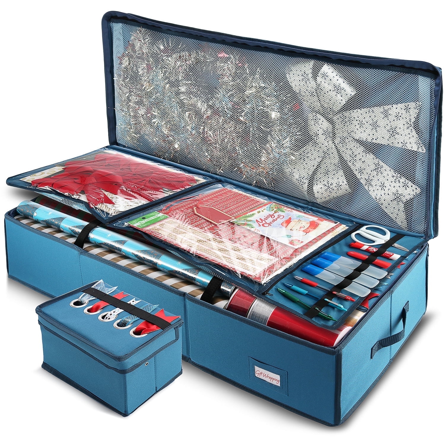 Hearth & Harbor Wrapping Paper Storage Container - Christmas Wrapping Paper Rolls Storage Box for Holiday Storage & Accessories - Gift Wrap Storage Organizer Box, Blue