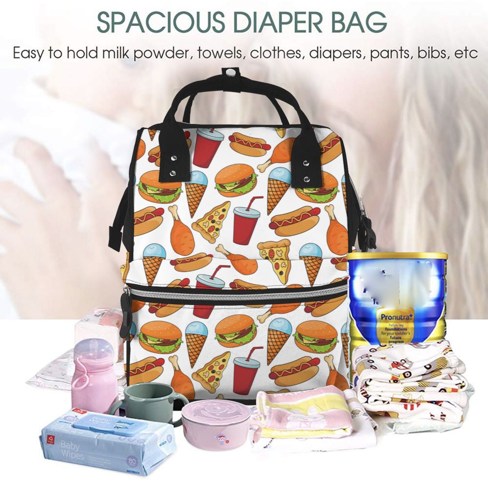 Fuzoiu Hot Dog Burger Print Diaper Bag Backpack,Baby Essentials Travel Tote,Multi function Waterproof Diaper Bag, Travel Essentials Baby Bag - Unisex