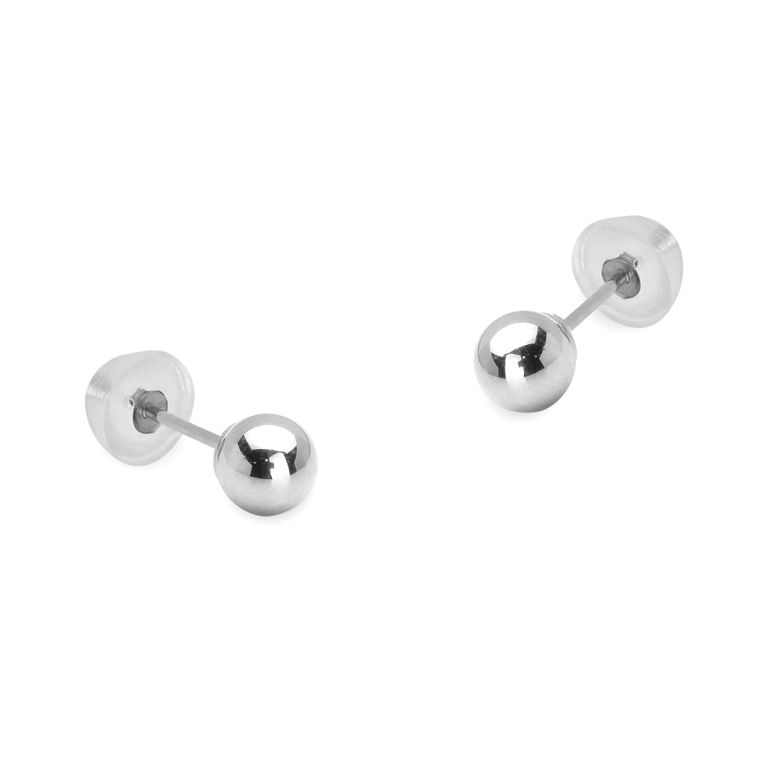 14k White Gold 4mm Plain Hollow Gold Ball Children Friction Baby Girls Pushback Earrings