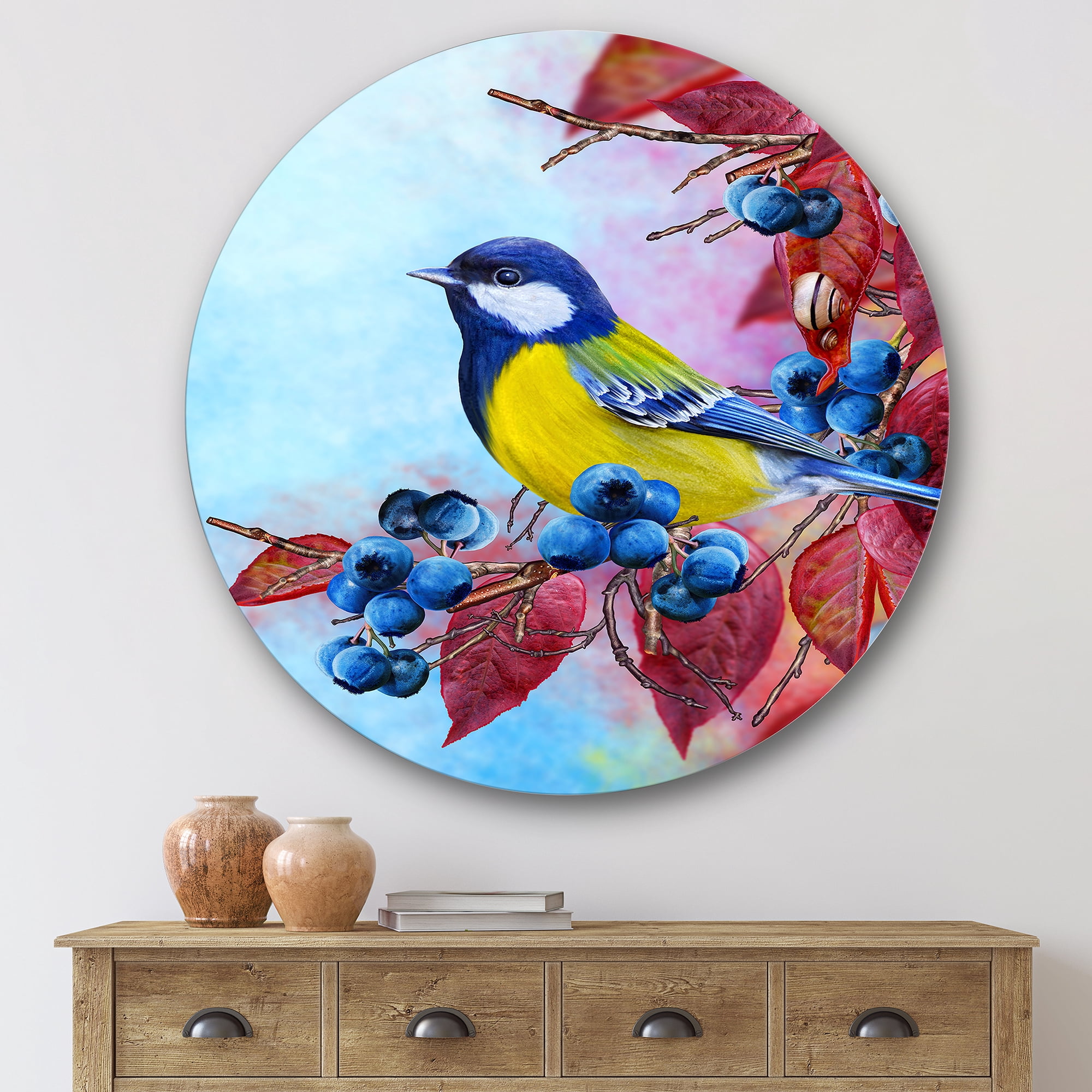 Designart 'Bright Bird Bullfinch Sitting On A Branch of Berries II' Traditional Circle Metal Wall Art 36x36 - Disc of 36