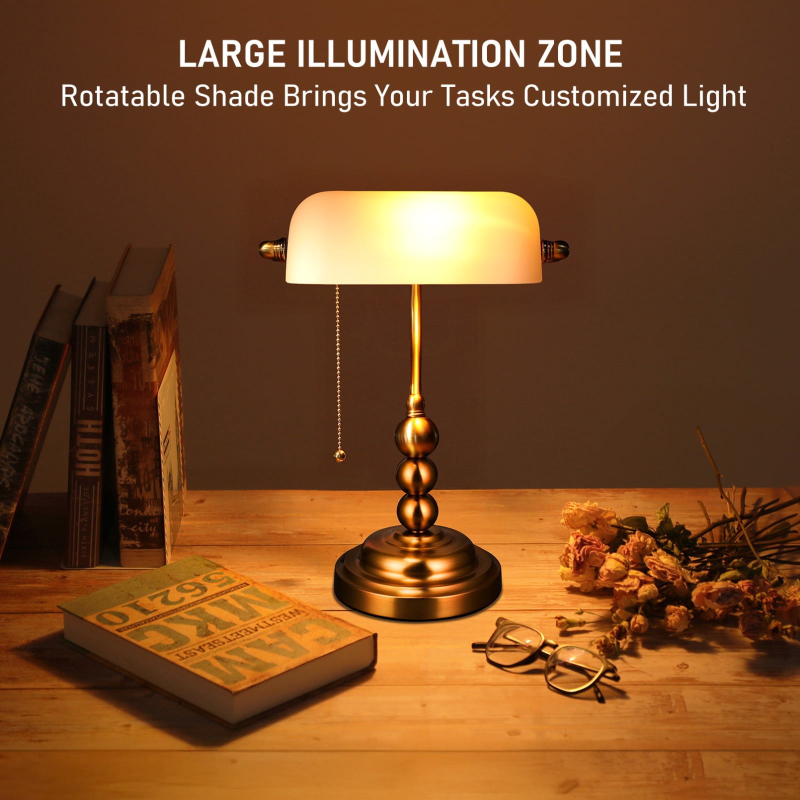 2 Pack Antique Bankers Desk Lamp, Ivory White Glass Table Lamps, E26 Base Traditional Lamp with Pull Chain, Library Lamps for Home Office