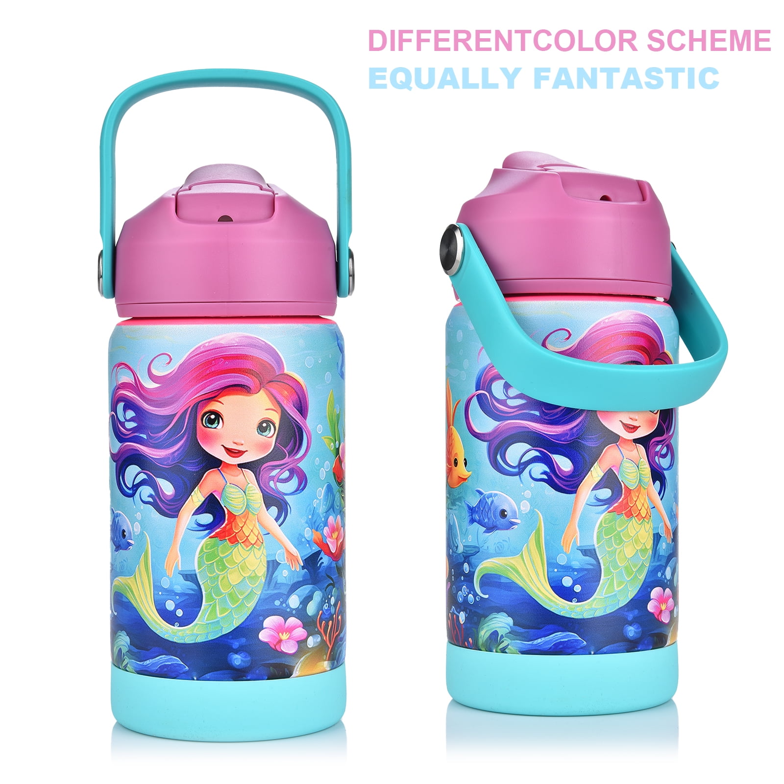 CaseTown 12oz Kids Insulated Water Bottle, Leak-proof Toddler Cup With Straws Lids, Kids Water Bottles For School Boys Girls, Stainless Steel Vacuum Insulated Bottle For Kids (Cute Mermaid)