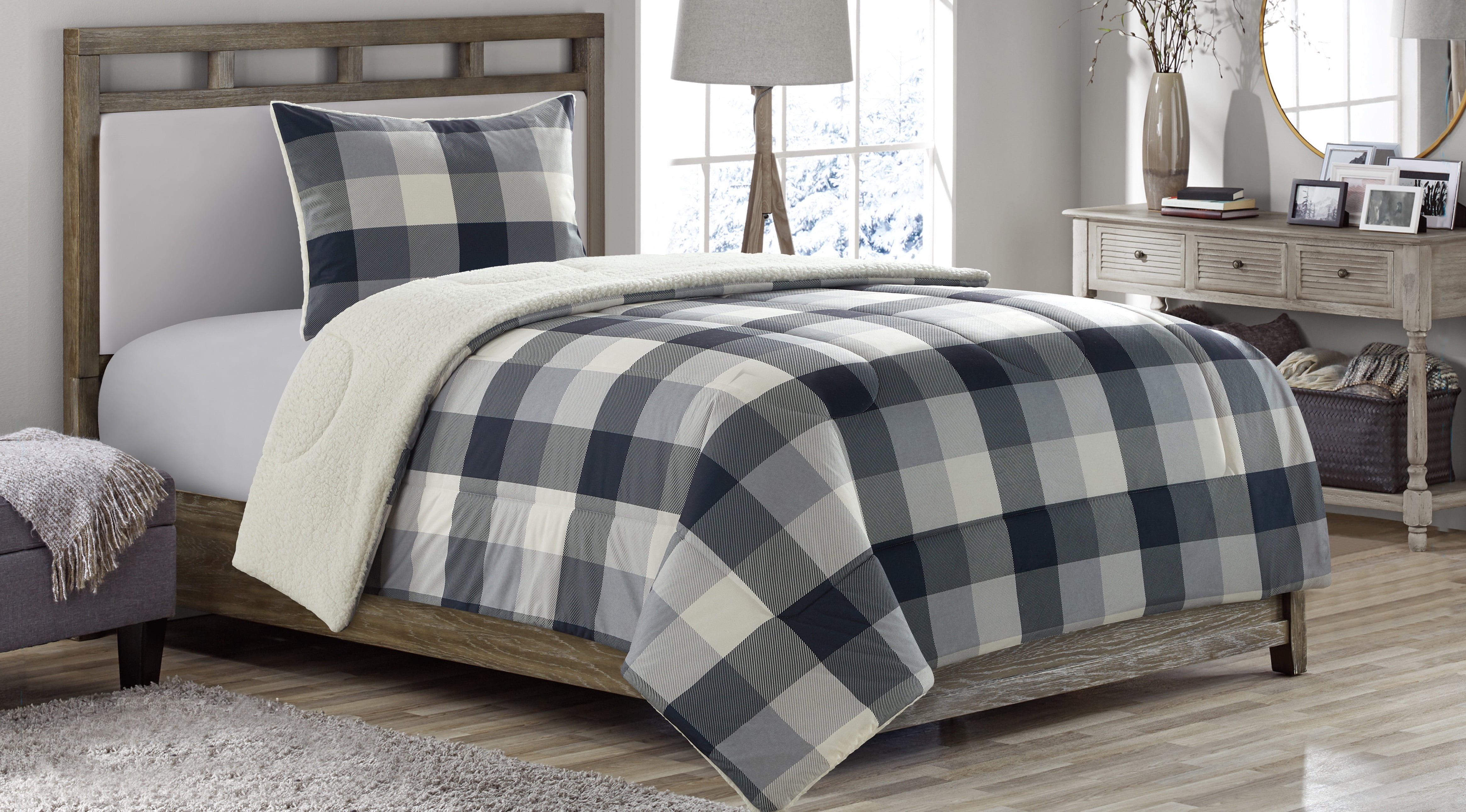 Mainstays Buffalo Plaid Cozy Flannel Reverse To Super Soft Sherpa Comforter Set, 