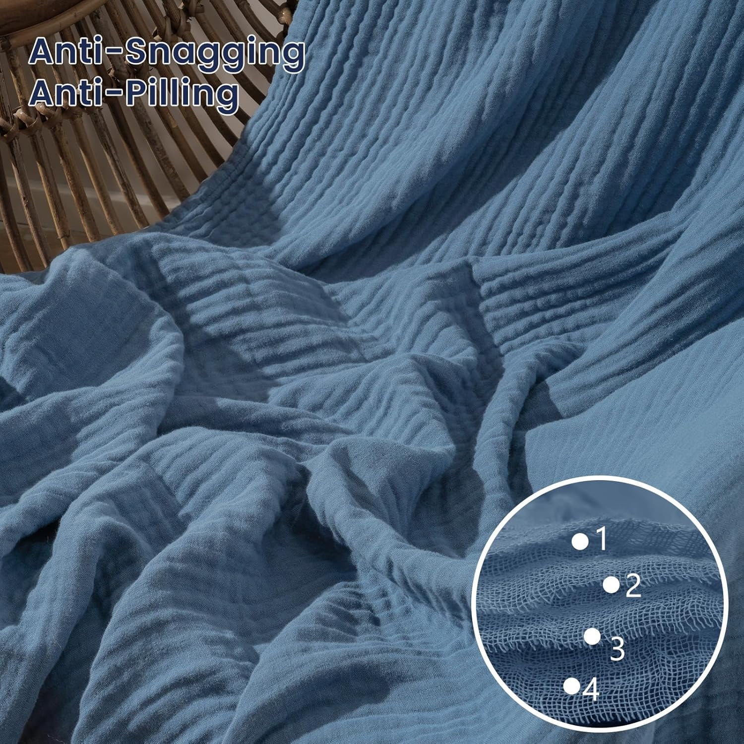 PHF Cooling Muslin Twin Blanket for Hot Sleepers, 4-Layer Breathable Bamboo Rayon & Cotton Gauze, Lightweight Summer Blanket for Bed or Couch, 66" x 90", Prussian Blue