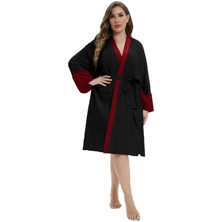 

Women s Plus Size Robe with Pockets Kimonos Short Robe Long Sleeve Belt Bathrobe Lightweight Knee-Length Dressing Gown Sleepwear XL-4XL