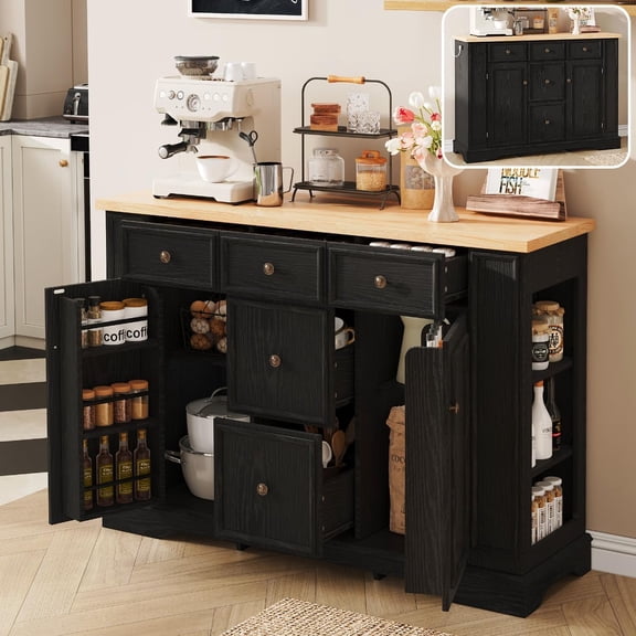 LQLI Modern Farmhouse Sideboard Buffet Cabinet with 5 Drawers, 2 Cabinets, Adjustable Shelves, Buffet Server for Dining Room, Living Room, Entryway