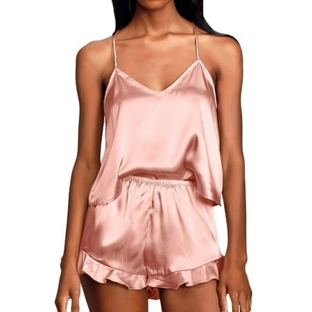 

STARVNC Women V Neck Sleeveless Shorts Ruffle Hem Two-Piece Pajamas Set