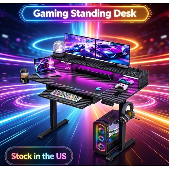 Sioweci 48 Inch Standing Desk,Computer Desk with Keyboard Tray,Monitor Stand, LED Light, 4 Presets, 28.3"-46.5"in Range