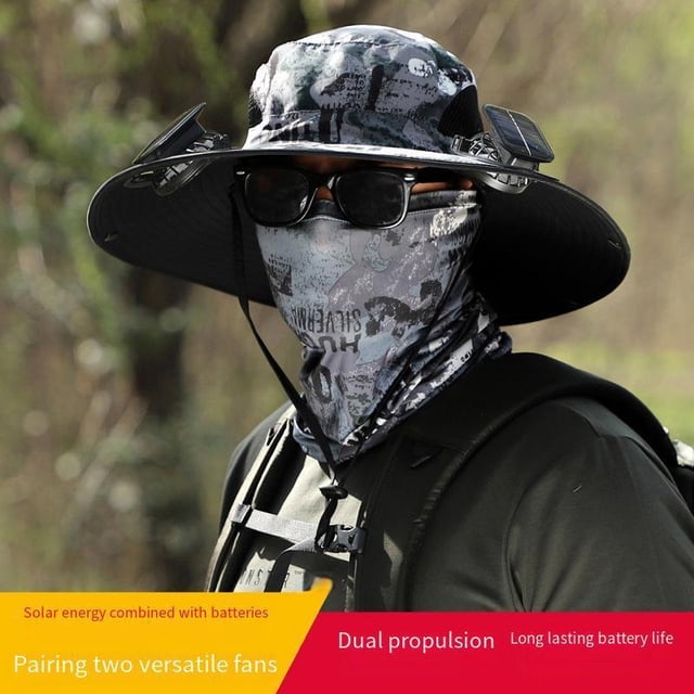 HLONK Detachable Solar-Powered Fan Hat with Dual Propulsion Cooling - Large Brim Sun Protection Breathable Textile Material Machine Washable for Men‘s Outdoor Hiking Fishing & Camping