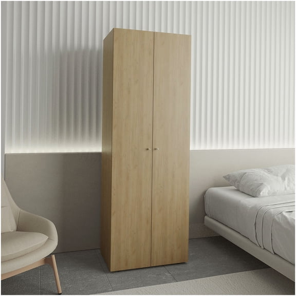 Oak Finish Armoire with Hanging Rod, 2-Door Wardrobe Closet System with Storage Shelf for Bedroom Organization