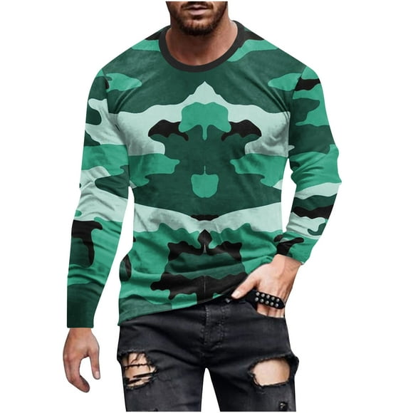 Lovzfmll Camo Print Pullover T-Shirt for Men, Long Sleeve Crewneck Top, Perfect for Outdoor Activities and Casual Wear Mint Green, S