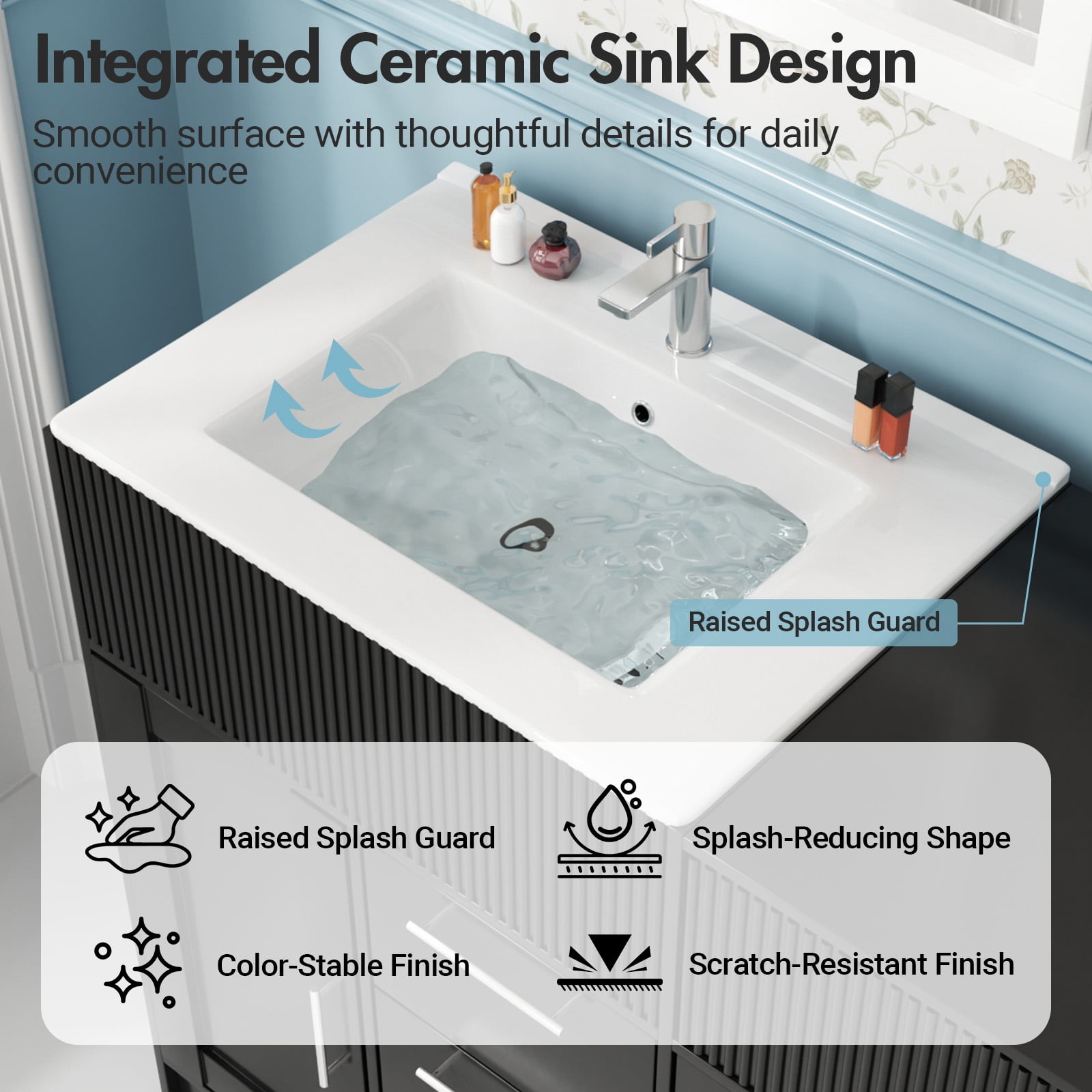 Advwin 60" Double Sink Bathroom Vanity with Ceramic Basins, Modern Freestanding Bathroom Storage Cabinet with 7 Drawers & Soft-Close Doors, Black