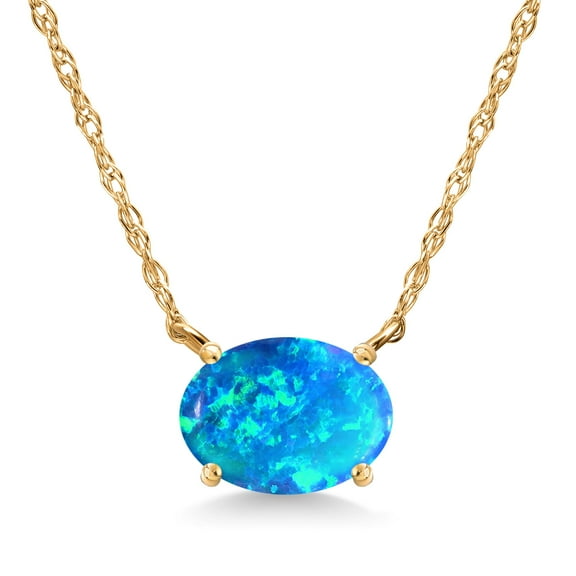 Gem Stone King 14K Yellow Gold Simulated Blue Opal Pendant Necklace for Women | 0.56 Cttw | Gemstone October Birthstone | Oval Cabochon 9X7MM | With 18 inch Chain