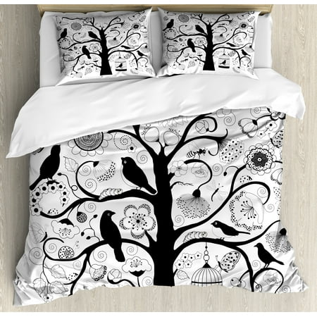Black and White Duvet Cover Set Queen Size, Tree with Swirling Branches Artistic Flowers Birds and a Bird Cage, Decorative 3 Piece Bedding Set with 2 Pillow Shams, Black and White, by
