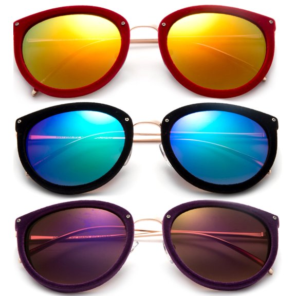 3 Pack Velvet Plastic Cateye Frame Fashion Keyhoel Vintage Sunglasses for Women, Flat Lens with Mirror