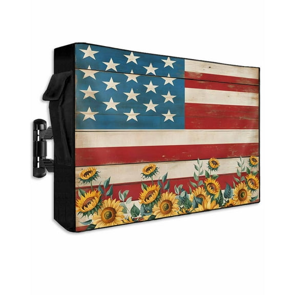 Red Blue American Flag Outdoor TV Cover 48 to 50 Inch Weatherproof, Sunflower US Flag Vintage 600D Oxford TV Covers with Waterproof Zipper, Outside Flat TV Screen Protector Size 48"W x 30"H x 4.5"D