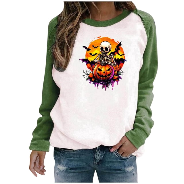 Chandail à Capuche Oversize pour Femmes, Chandail Imprimé Halloween, Col Rond, Manches Longues, Chandail en Molleton Oversize, Col Rond, Grande Taille, Vert