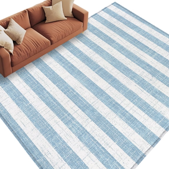 Blue Linens Washable Living Room Rugs 9'x12', Modern Abstract Stripes Farmhouse Low Pile Throw Large Area Rug Non-Slip Sturdy Edge Binding Carpet for Bedroom Dining Room Office