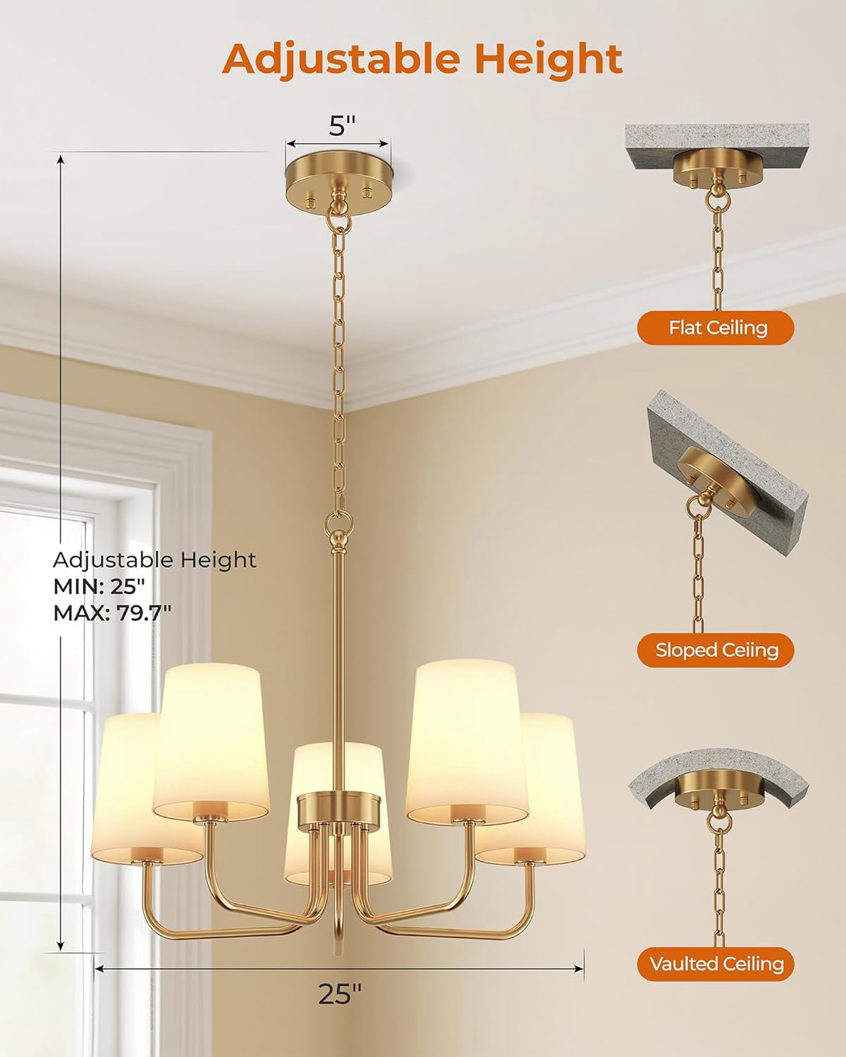 25" Farmhouse Chandelier with Fabric Shade,5-Light Chandelier Lighting Fixture for  Kitchen, Dining Room，Gold