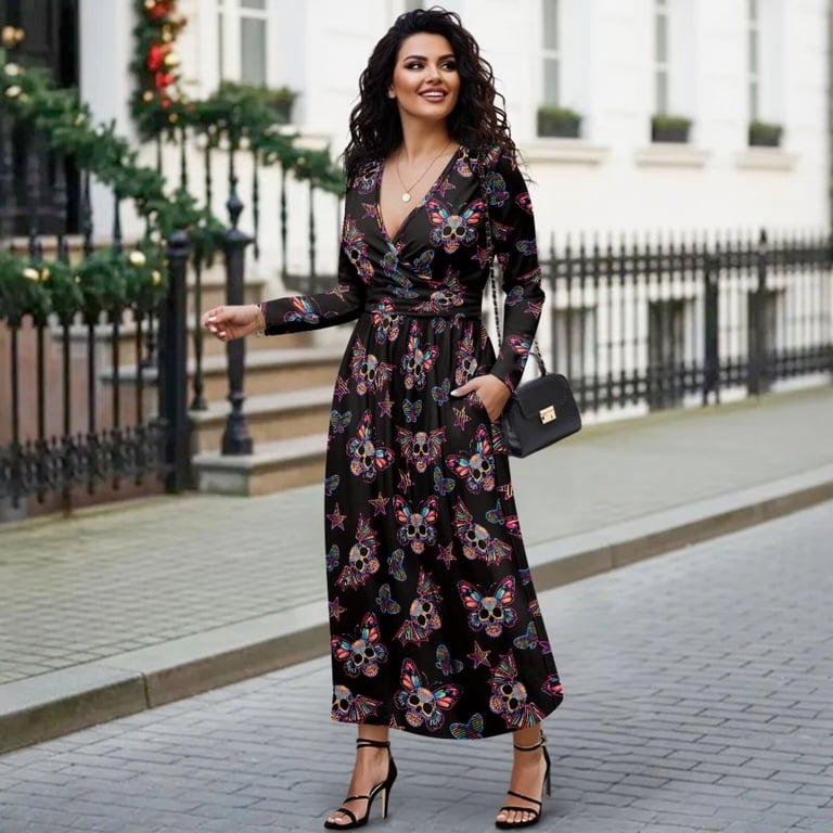 Fkelyi Star Bat Skull Print Womens Fall Dress Long Sleeve Maxi Dress for Wedding Party Casual Outdoor Cloth V Neck Soft Dresses with Pocket, M