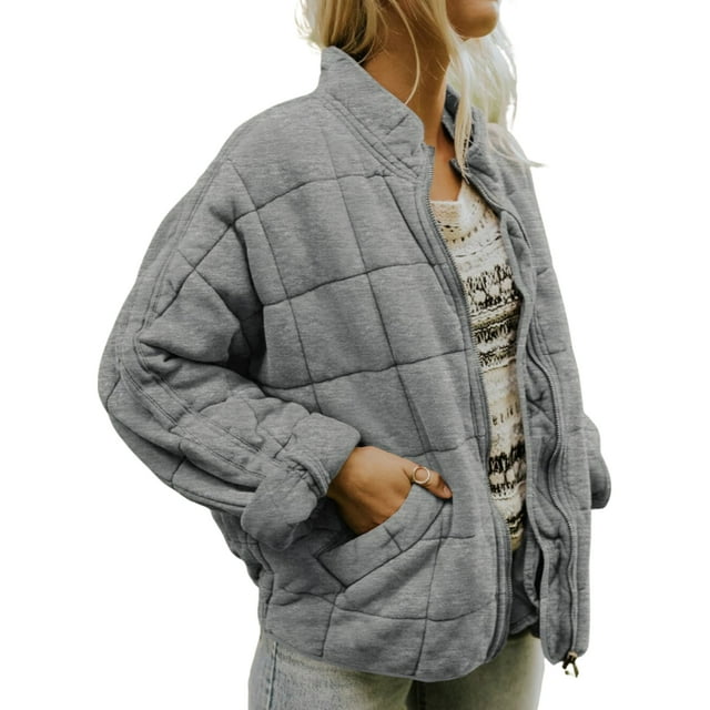 ITFABS Women Stand Collar Long Sleeve Solid Color Full Zip Quilted Jackets