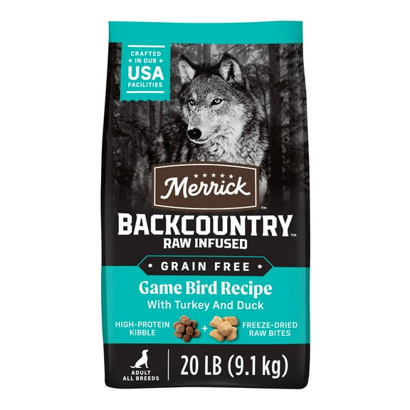 Merrick Backcountry Grain Free Dry Adult Dog Food, Kibble With Freeze Dried Raw Pieces, Game Bird Recipe, 20.0 lb. Bag