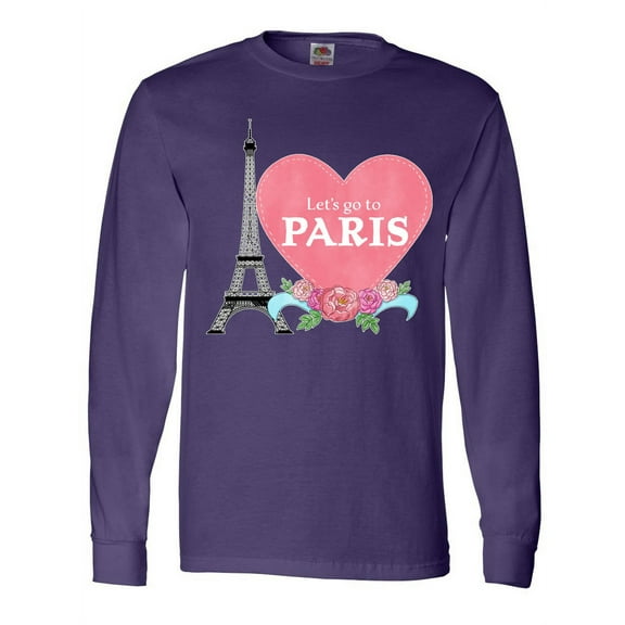 Inktastic Let's Go to Paris with Pink Heart and Eiffel Tower Long Sleeve T-Shirt