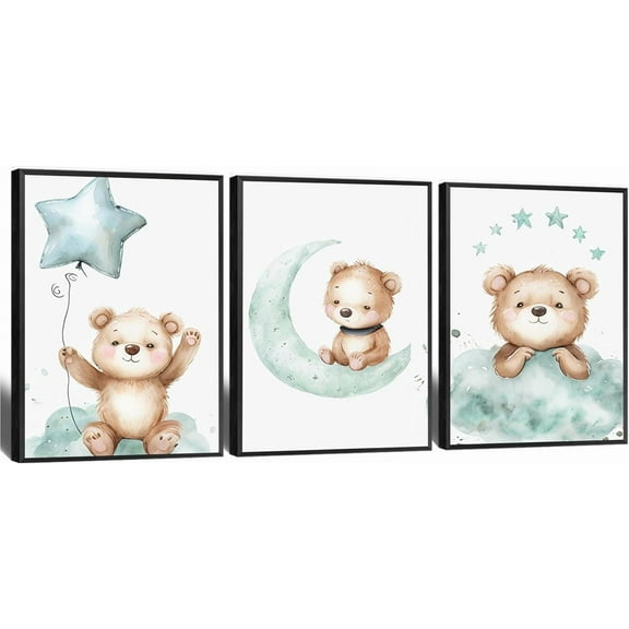 Canvas Poster Children's Room Wall Painting Set Watercolor Animal Theme Giraffe Bear Elephant Illustration Dream Sky Baby Room Decoration Three-piece Set Artwork Baby Space