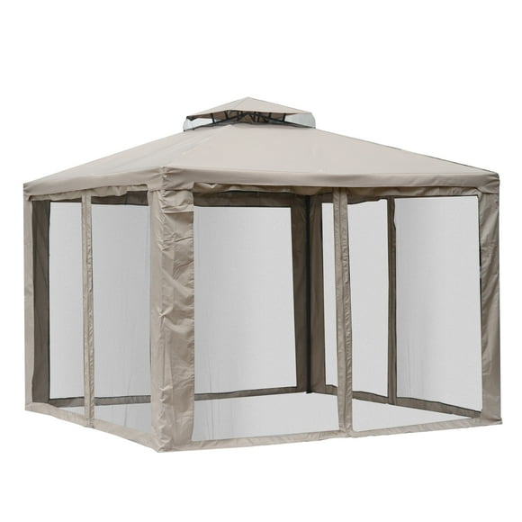 Outsunny 10' x 10' Patio Gazebo Outdoor Pavilion 2 Tire Roof Canopy Shelter Garden Event Party Tent Yard Sun Shade Steel Frame w/ Mosquito Netting, Brown
