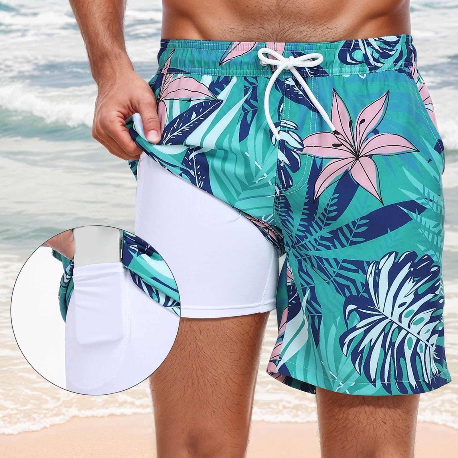 Tisuna Swim Shorts For Mens Floral Print Drawstring Elastic Waist Straight Leg Trunks Fashion Lightweight Men Summer Holiday Pool Party Beachwear Shorts Mint Green Size Xxxl