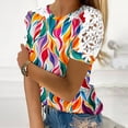 thumbnail image 2 of Camisas de Manga Corta para las Mujeres Impresión Cuello Redondo Suéter Encaje Blusa, Top Casual para el Hogar Y Diario, 2 of 9