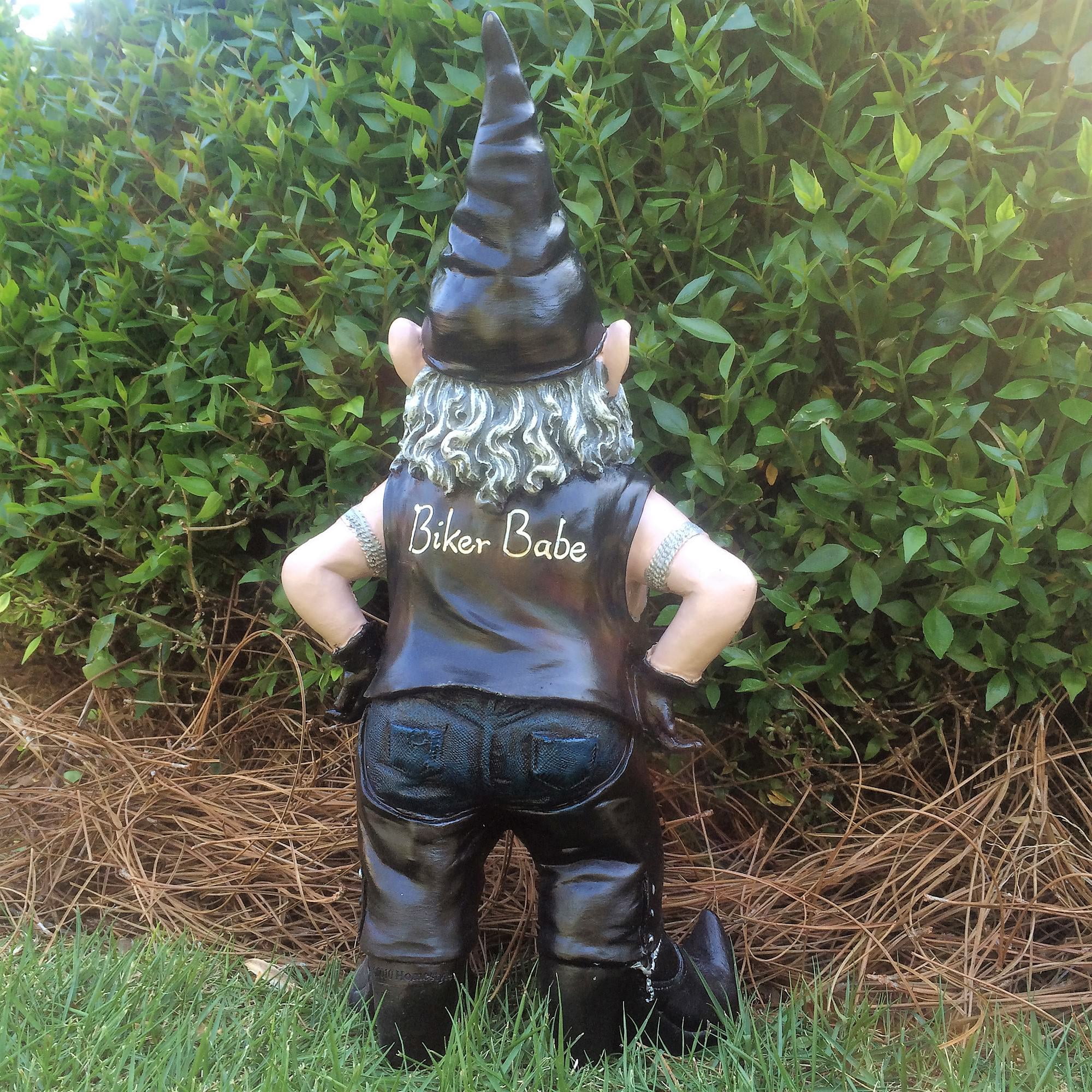 Homestyles "Biker Babe & Dude" the Biker Gnome in Leather Motorcycle Gear Riding His Red Hog Large Outdoor Garden Statue 14.5"H and 12"H