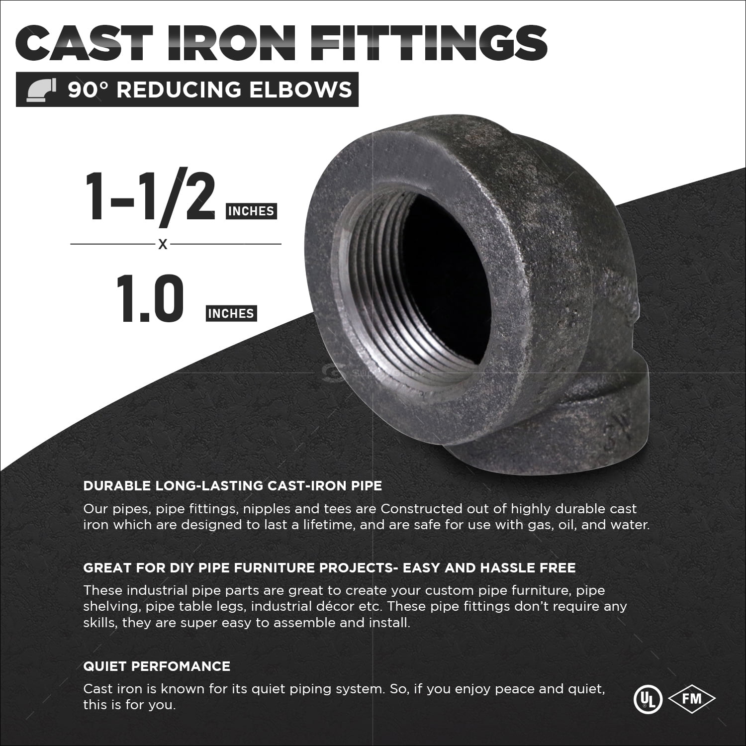 Supply Giant 1-1/2" x 1" 90 Degree Black Pipe Fitting Reducing Street Elbow Cast Iron