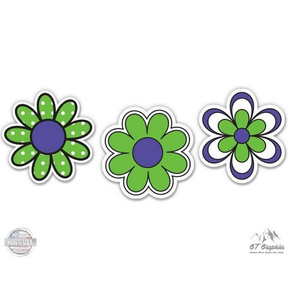 Green and Purple Cute Flowers Daisies - 2" each Vinyl Stickers - For Car Laptop I-Pad Phone Helmet Hard Hat - Waterproof Decals