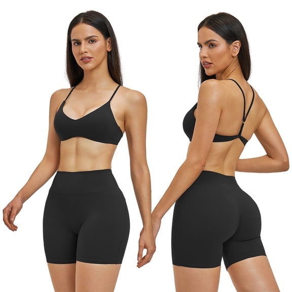 IBTOM CASTLE Two Piece Workout Sets for Women Y Back Sports Jogger Outfits Bra High Waist Biker Shorts Matching Gym Sets Yoga Pilates Outfits M Black