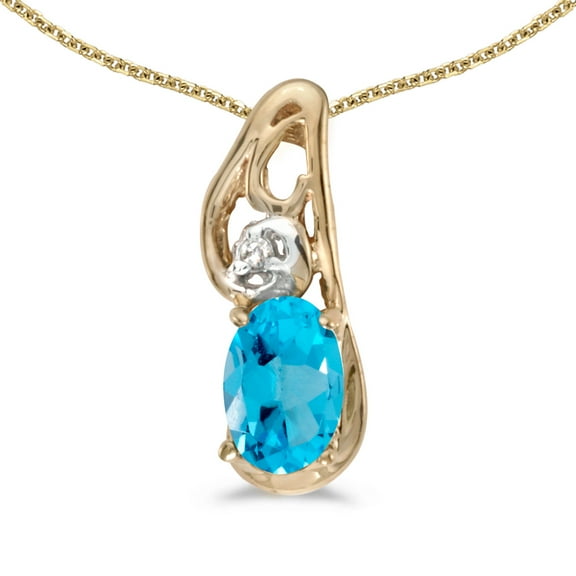 10k Yellow Gold Oval Blue Topaz And Diamond Pendant with 16" Chain