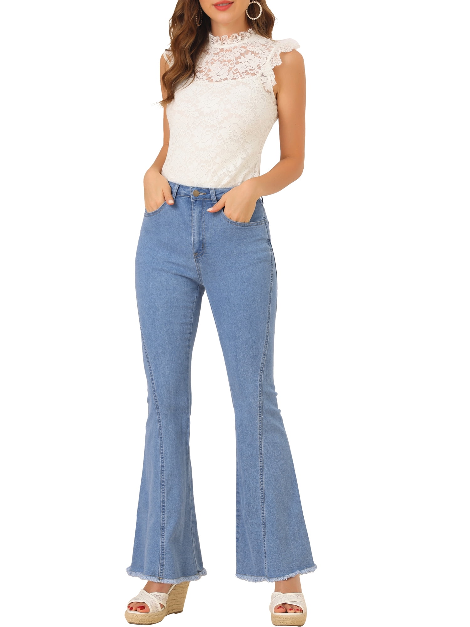 DARING DIVA Women's Flare Denim Pants High Waist Stretch Bell Bottoms Jeans M Blue-Grey