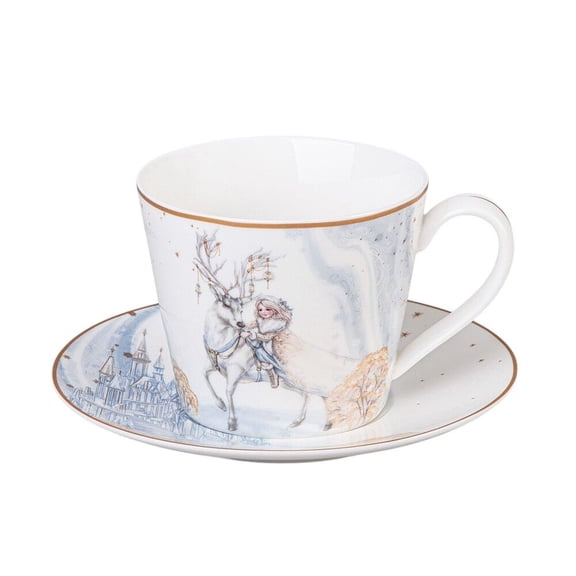 STPgoods Winter Fairytale Tea Cup and Saucer Set 10.1 fl oz (300 ml) Kitchen Teacup Cup & Saucer Set Glass Tea and Coffee Cup, Blue and White